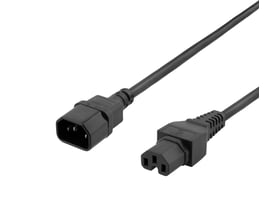 Nærbillede af et sort DELTACO strømkabel, der viser de lige IEC C15 og IEC C14 stik til 3 meter kabel.
