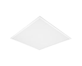 Hvidt LEDVANCE Panel Comfort DALI LED-panel på 28 W med kvadratisk lysflade og smal ramme, set skråt forfra.