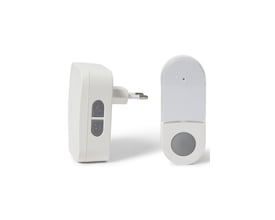 Michaela trådløst dørklokke-kit med plug-in lydgiver og kinetisk trykknap, hvid med grå knapper.