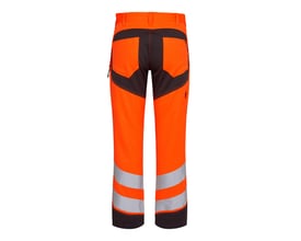 Bagsiden af FE Engel stretch arbejdsbukser 2544, orange/grå, str. 92, viser lommer og refleksbånd.