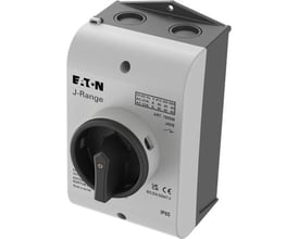 Eaton J-Range reparationsafbryder i sort-grå IP65, 40A, 3-polet med sort aflåseligt drejehåndtag og tydelig mærkning.