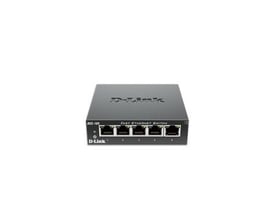 D-Link DES-105 Fast Ethernet-switch med fem 10/100 Mbps-porte og metalhus, set forfra og let oppefra.