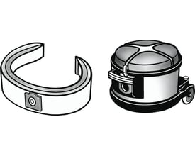 To illustrationer af støvsugerposer, den ene viser en samlet pose og den anden en enkelt pose med et kamera-ikon.