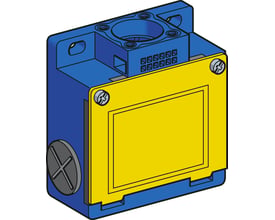 3D illustration af Telemecanique Sensors XCK-M endestop i metal med gul frontplade og tydelige kabelindgange.