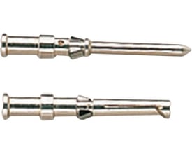 Nærbillede af to Harting crimp stikben til Han D/DD, der viser detaljer ved spids og crimpeende.
