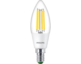 Nærbillede af Philips LED kerte Ultra Efficient pære, viser E14 sokkel og 4 klare filamenter.