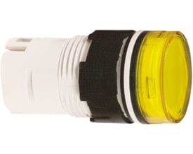 Schneider Electric rundt lampehoved Ø16 mm i klar gul plast med sort monteringsring og hvid bagende.