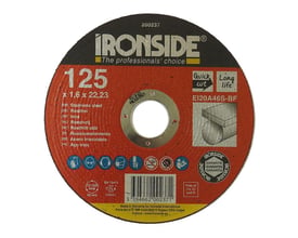 Ironside plan skæreskive til rustfrit stål, 125 x 1,6 mm, med rød og sort mærkning på forsiden.