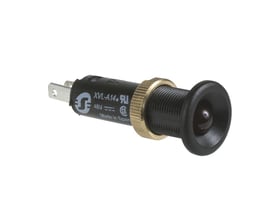 Schneider Electric XVL-A14 LED-diode med mærkning '48V Made in Spain' og godkendelsessymboler, guldfarvet møtrik.