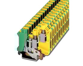 Nærbillede af Phoenix Contact UK 10-TWIN-PE jordklemme, der viser skruetilslutningen og dobbelte terminaler i gul og grøn plast.