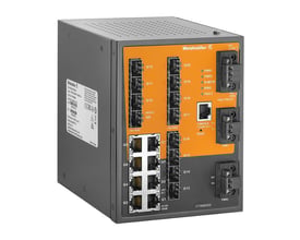 Weidmüller industriel managed switch IE-SW-SL20M-8GT-12GESFP-LV med orange front og synlige RJ45- og fiberporte, set skråt forfra.
