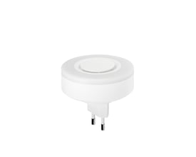 Housegard Luma trådløs sirene i hvidt, kompakt rundt design med stik til 230 V og batteribackup.