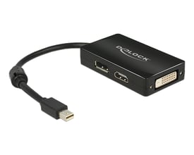 DeLock adapter med mini Displayport 1.1 hanstik og hun-porte til Displayport, HDMI og DVI i sort.