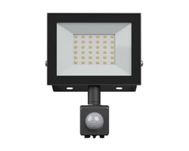 Sort SpectrumLED LED-projektør på 30 W med PIR-sensor, set forfra med synlige LED'er og sensor under lampen.