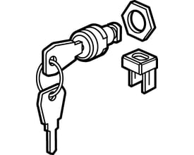 Legrand lås med nøgle nr. 850, vist med løse dele inklusive nøgle og låsecylinder i illustration.