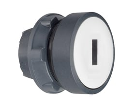 Schneider Electric Harmony Style 5 trykknap med hvid 'I' mærkning og sort front, Ø 22mm, monteringsenhed synlig bagpå.