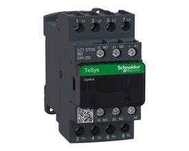 Schneider Electric TeSys D 4-polet kontaktor, 25A AC1, med 1 NO og 1 NC kontakt og 24V DC spole, set fra siden med mærkning.