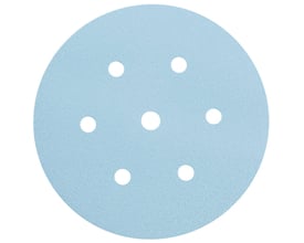 Tyrolit 1948 K150 papirrondel med velcro, Ø 150 mm og 7 huller, set forfra med blå slibeflade.