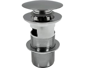 Svedbergs push-open bundventil i blank krom med rund topplade og gevindskåret underdel, 62 mm.