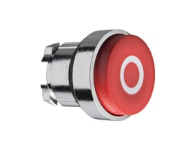 Schneider Electric trykknaphoved ZB4 i rød med hvidt "0" symbol og kromfront, isoleret på hvid baggrund.