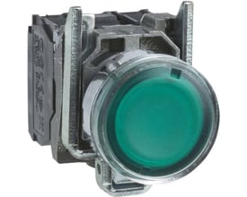 Schneider Electric Harmony XB4 lampetryk i grøn med 22mm diameter, 24VAC/DC og 1NO/1NC kontakter, vist fra siden.