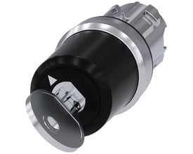 Siemens nøgleafbryder i højglans metal med sort front og en sølvfarvet nøgle indsat i låsen.