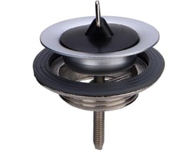 Detaljebillede af Viega bundventil med skinnende krom kant og sort prop, viser 1.1/4" gevind og pakning.