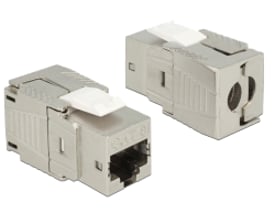 DeLock Cat.8 RJ45 Keystone-modul i sølvfarvet metal, der viser den værktøjsfri tilslutning og RJ45-porten.