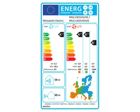 Energimærke for Mitsubishi Electric MSZ-LN25VG2W varmepumpe, viser energiklasser A+++ for både køl og varme, samt SCOP og SEER værdier.