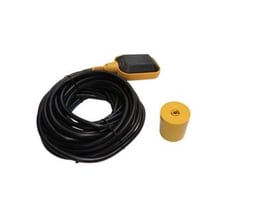 Elteco niveauvippe til rent vand med 10m sort PVC-kabel og en gul modvægt, hvid baggrund.