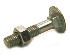 Elgalvaniseret bræddebolt med møtrik, M6 x 25 mm, med rundt hoved, firkantet hals og synligt gevind.