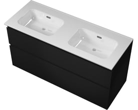 Sanibell Proline møbelsæt 121x46cm i matsort med integrerede greb og to hvide porcelænsvaske med overløb.