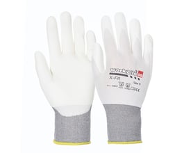 Worklife X-Fit nitrilhandsker i hvid, størrelse 8, med ribstrikket krave og grå nitril-foam belægning.