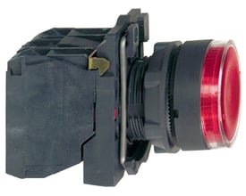 Sidevisning af Schneider Electric lampetryk i rød, der viser den sorte bagmontering og 22mm frontring.