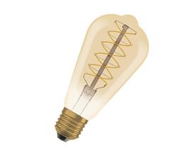 Detaljeret billede af Osram Ledvance 1906 Edison guld LED-pære med spiral filament, 4,8W og E27 fatning, isoleret på hvid baggrund.