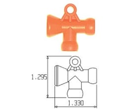 Orange T-stykke til Loc-Line system med 1/4" tilslutning, vist med dimensionstegning.