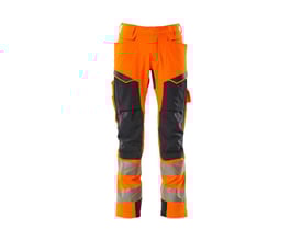 Mascot Hi-Vis arbejdsbukser i orange og mørk marine med reflekser og knælommer. Str. 82C54.