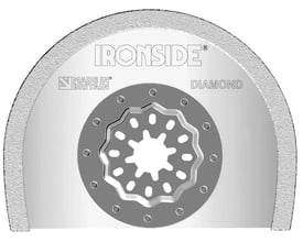 Ironside savklinge med diamantbelægning set forfra, hvor den buede kant og Starlock-optaget er tydeligt vist.