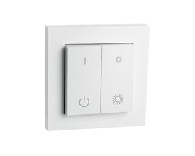 SG Connect afbryder med hvid ramme og to hvide vippekontakter med symboler for tænd/sluk og lysdæmpning.