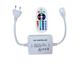 RGB LED controller med fjernbetjening, 230V, inklusiv strømkabel med stik og outputkabel med endeprop, hvid plast.