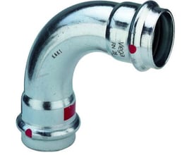 Detaljeret visning af Viega Prestabo 22 mm bøjning, 90 grader, med synlige markeringer og muffeender.