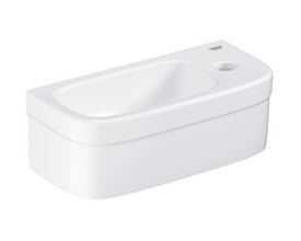 Grohe Euro Keramik mini håndvask, kompakt hvid væghængt model på 37x18 cm med hanehul og overløb.