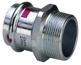 Detaljeret nærbillede af Viega Prestabo overgangsnippel 22 mm x 3/4", med fokus på gevind og pres-muffe med rød markering.