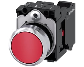 Siemens Sirius Act 22mm trykknap i metal med rund, høj rød knap og synlig 1 NC fjederterminal på sort baggrund.