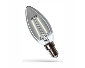 SpectrumLED E14 LED-lyskilde på 2,5 W med kultrådseffekt og 4000 K, vist tændt med klart glas.