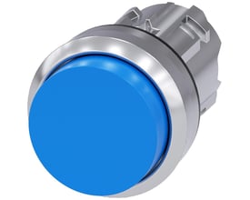 Siemens 22mm trykknap i højglans metal med en hævet, rund, blå knap på hvid baggrund.