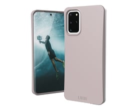 Lilla UAG Outback-cover til Samsung Galaxy S20+ vist forfra og bagfra med hævede kanter omkring kameraet.