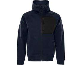 Fristads sweatjakke 7831 GKI i mørk marine, størrelse L, med hætte, gennemgående lynlås og sort brystlomme.