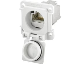Weidmüller lys gråt CAT6 RJ45/IDC indbygningsstik med flange og beskyttelsesklap viser indvendige kontakter og RJ45 port.