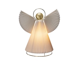 Hvid papir engel dekoration fra Konstsmide med gyldne detaljer og en lyskilde indeni, isoleret på en hvid baggrund.